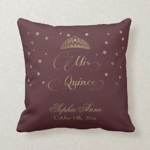Royal Burgundy Gold Mis Quince Script Quinceañera Cushion