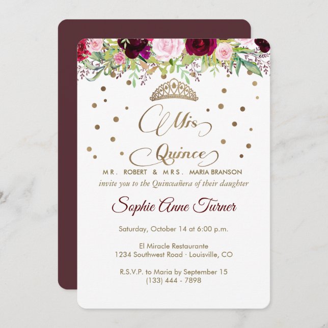 Royal Burgundy Gold Mis Quince Script Quinceañera Invitation (Front/Back)