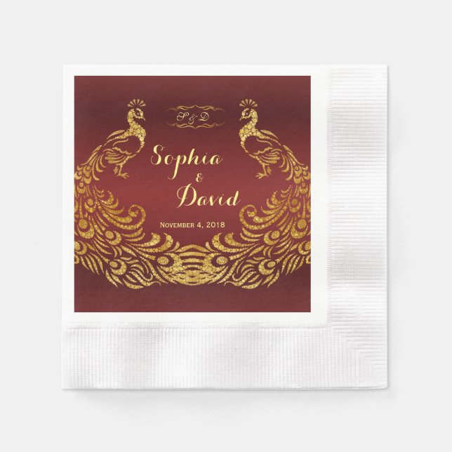 Royal Burgundy Gold Peacock Wedding Custom Napkin (Front)