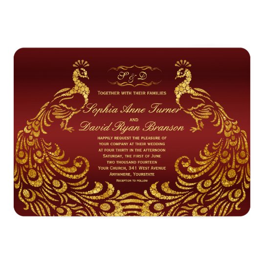 Royal Burgundy Gold Peacock Wedding Invitation Zazzle.co.uk
