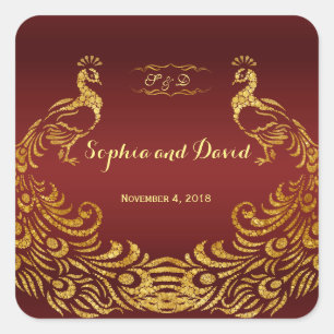Royal Burgundy Gold Peacock Wedding Square Sticker