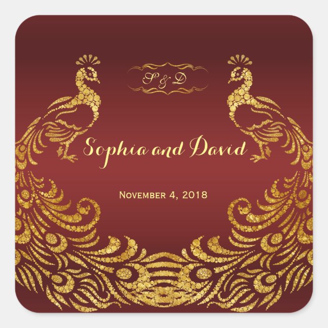 Royal Burgundy Gold Peacock Wedding Square Sticker (Front)
