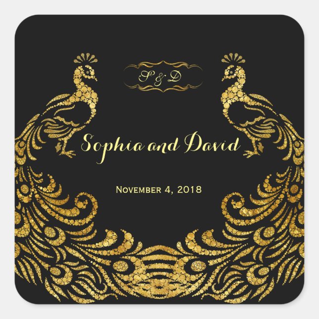 Royal Burgundy Gold Peacock Wedding Square Sticker (Front)