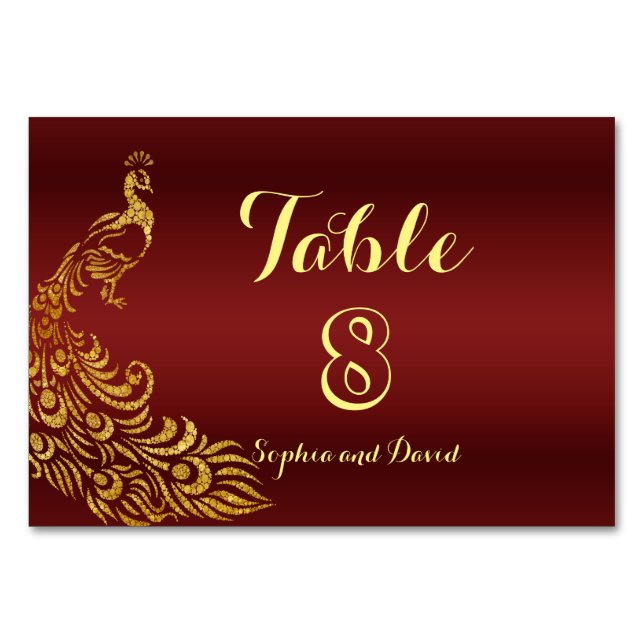 Royal Burgundy Gold Peacock Wedding TABLE NUMBER (Front)