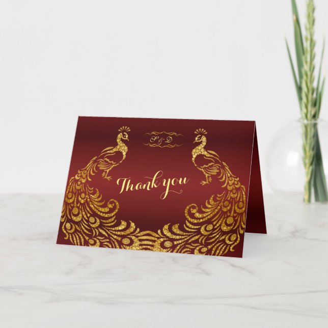 Royal Burgundy Gold Peacock Wedding THANK YOU Card (Front)