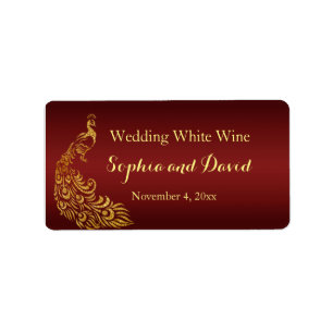 Royal Burgundy Gold Peacock Wedding Wine Favour Label