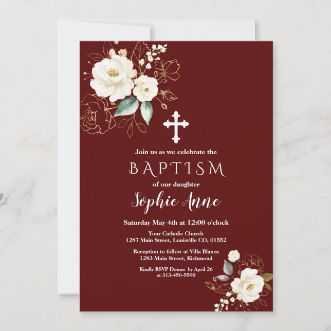 Royal Burgundy Gold White Flowers Girl Baptism Invitation (Front)