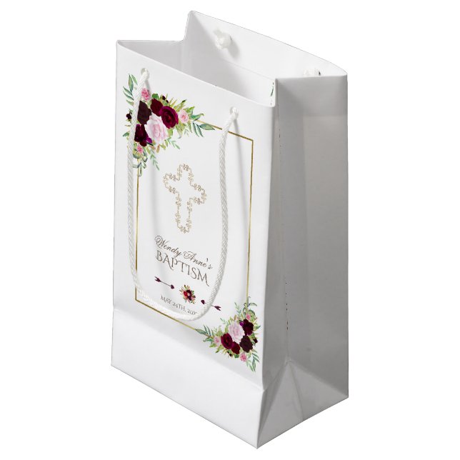 Royal Burgundy Marsala Floral Baptism Small Gift Bag (Front Angled)