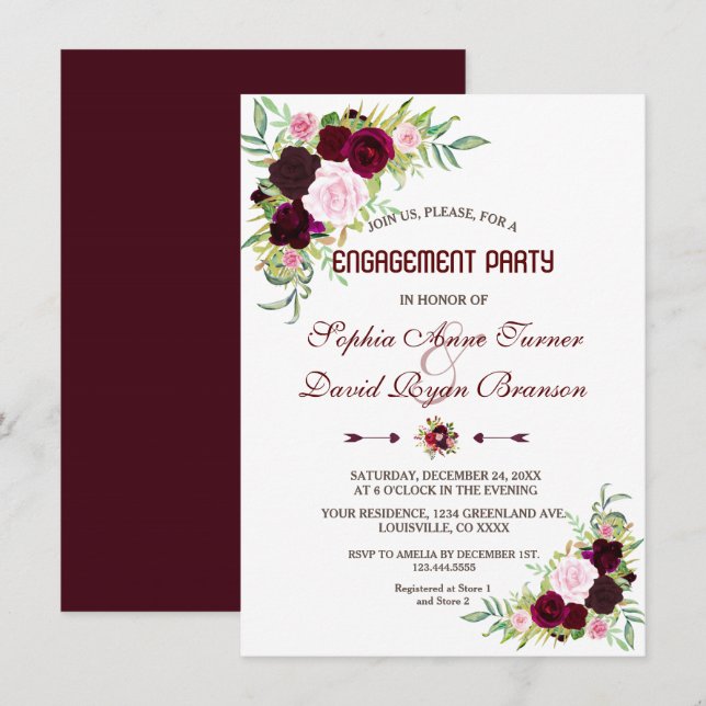 Royal Burgundy Marsala Floral Engagement Party Invitation (Front/Back)