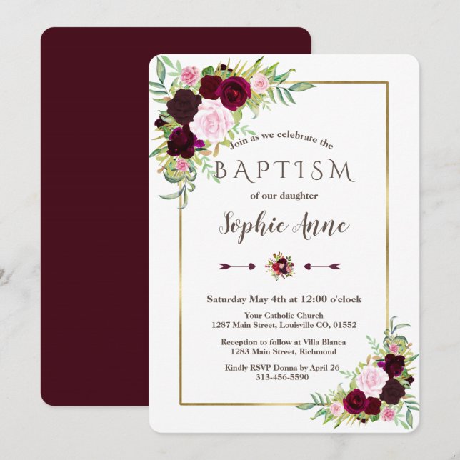 Royal Burgundy Marsala Floral Girl Baptism Invite (Front/Back)