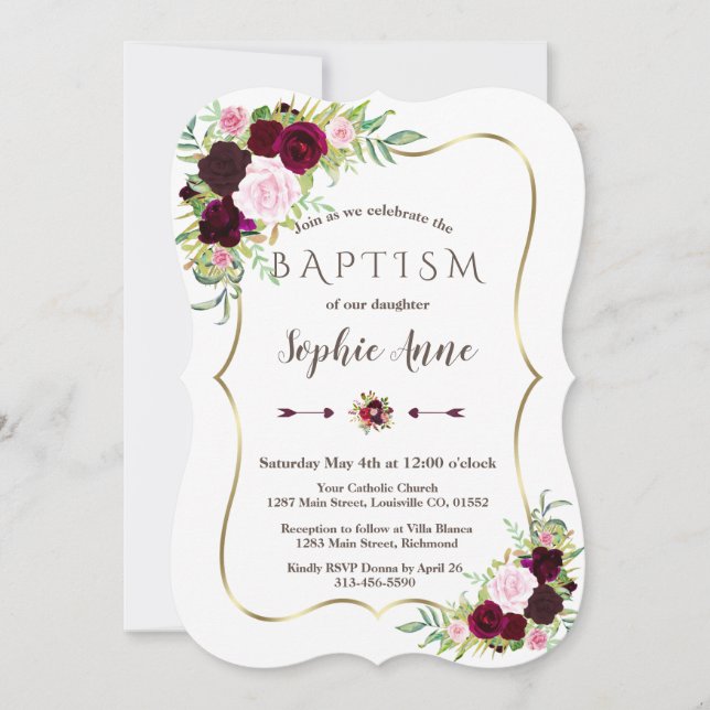 Royal Burgundy Marsala Floral Gold Girl Baptism Invitation (Front)