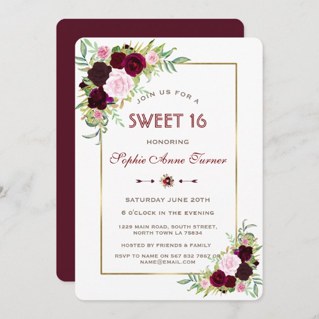 Royal Burgundy Marsala Floral Gold Sweet 16 Invitation (Front/Back)