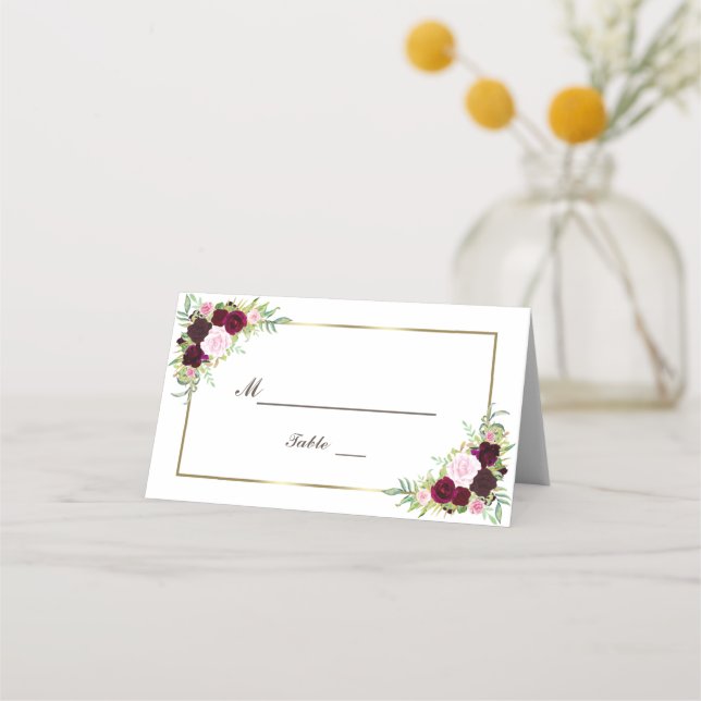 Royal Burgundy Marsala Floral Gold Table Number Place Card (Front)