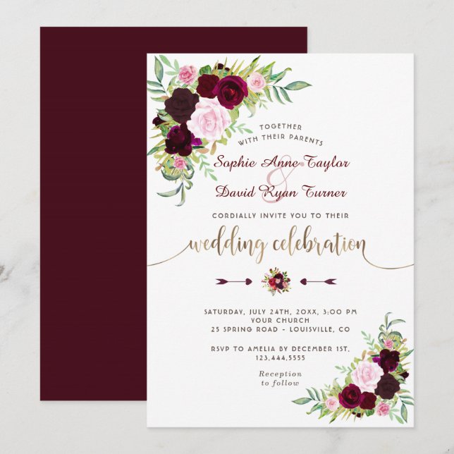 Royal Burgundy Marsala Floral Gold Wedding Invitation (Front/Back)