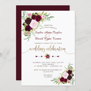 Royal Burgundy Marsala Floral Gold Wedding Invitation