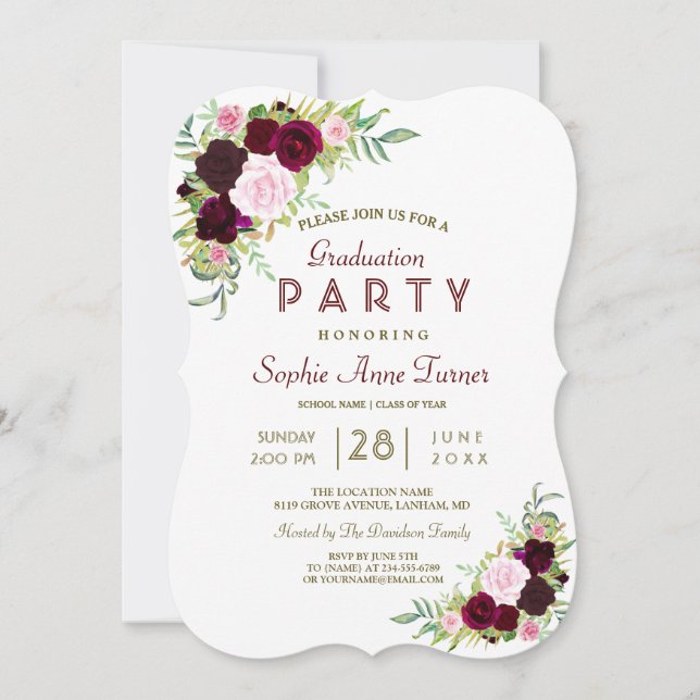 Royal Burgundy Marsala Floral Graduation Party Invitation (Front)