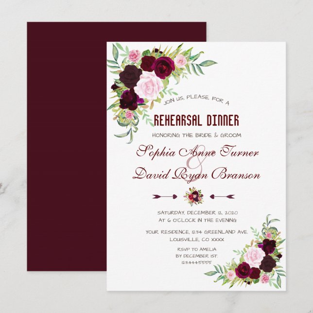 Royal Burgundy Marsala Floral Rehearsal Dinner Invitation (Front/Back)