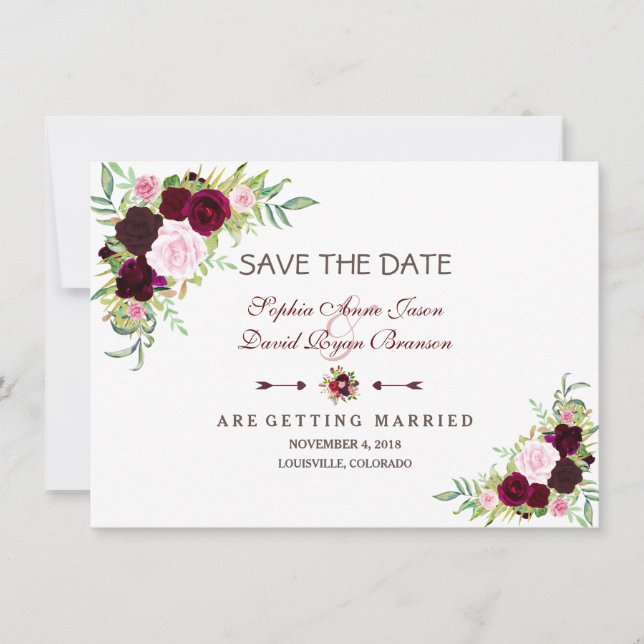 Royal Burgundy Marsala Floral Save The Date (Front)
