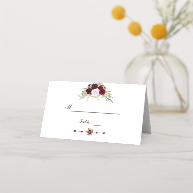 Royal Burgundy Marsala Floral Table Number Place Card (Front)