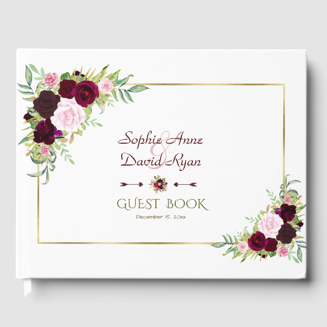 Royal Burgundy Marsala Floral Wedding Guest Book (Front)