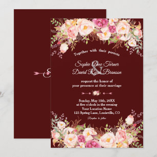 Royal Burgundy Pink Blush Flowers Wedding Invitation