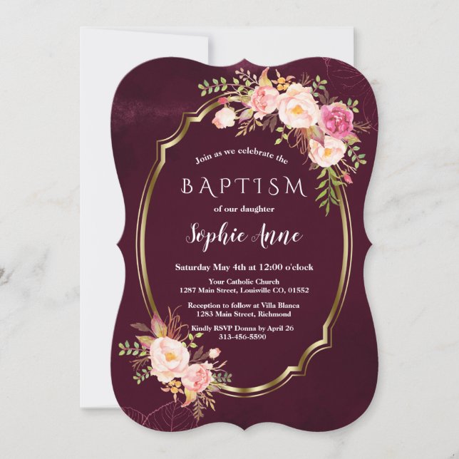 Royal Burgundy Pink Floral Gold Frame Girl Baptism Invitation (Front)