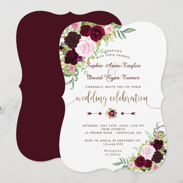 Royal Burgundy Pink Floral Gold Wedding Invitation (Front/Back)