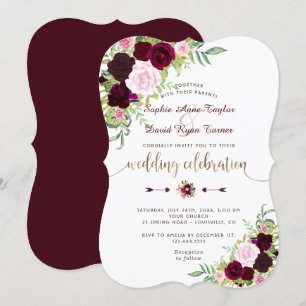 Royal Burgundy Pink Floral Gold Wedding Invitation