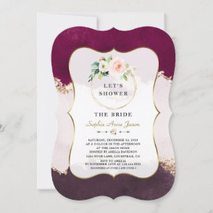 Royal Burgundy Pink Flowers Gold Bridal Shower Invitation
