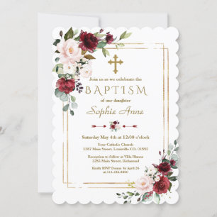 Royal Burgundy Pink Flowers Gold Cross Baptism Invitation