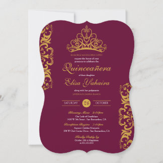 Royal Burgundy Plum Gold Elegant Crown Quinceañera Invitation
