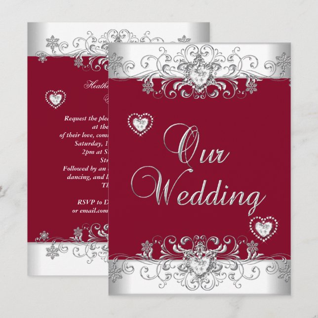Royal Burgundy Red Wedding Silver Diamond Hearts Invitation (Front/Back)