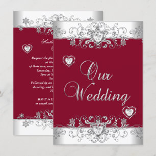 Royal Burgundy Red Wedding Silver Diamond Hearts Invitation