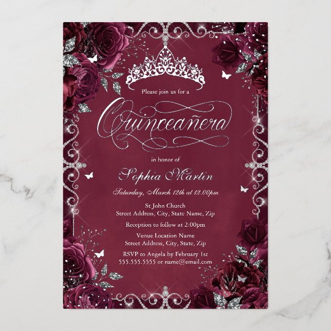 Royal Burgundy Silver Butterfly Rose Quinceanera (Front)