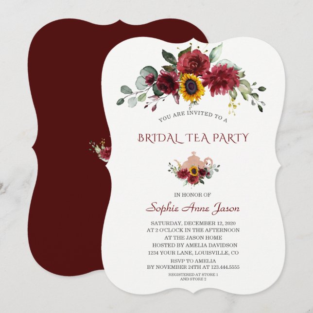 Royal Burgundy Sunflower Bridal Tea Party Invitation (Front/Back)