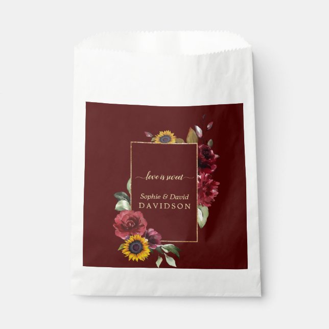 Royal Burgundy Sunflower Gold Wedding Favour Bags (Front)