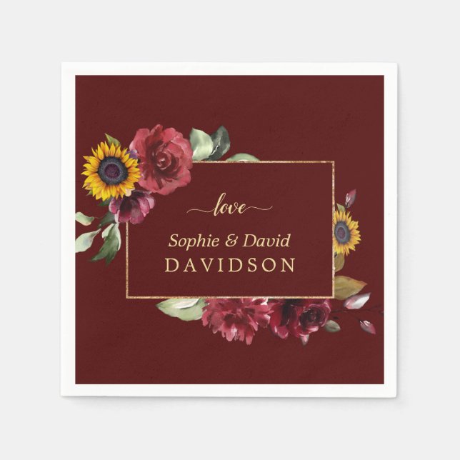 Royal Burgundy Sunflower Gold Wedding Napkin (Front)