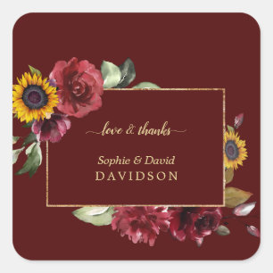 Royal Burgundy Sunflower Gold Wedding Square Sticker