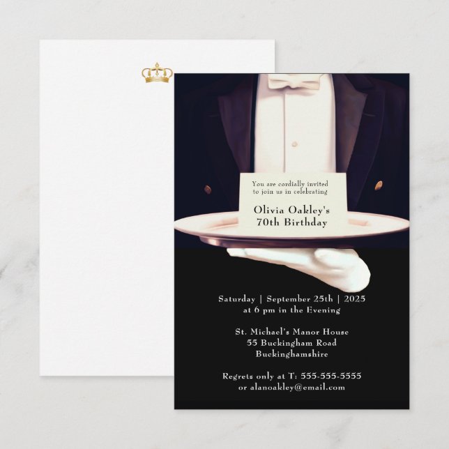 Royal Butler Silver Platter Birthday Party RH Invitation (Front/Back)