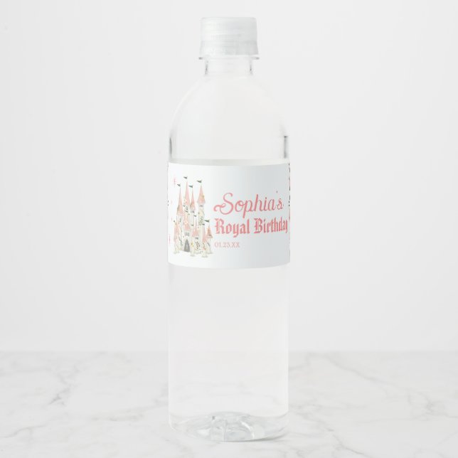 Royal Castle Birthday Water Bottle Label Pink (Front)