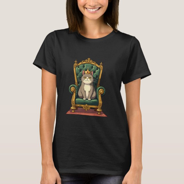 Royal Cat on Throne Funny Crown Design T-Shirt (Front)