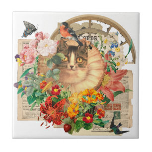 Royal Cat with Friend Bird and Wildflowers Tile