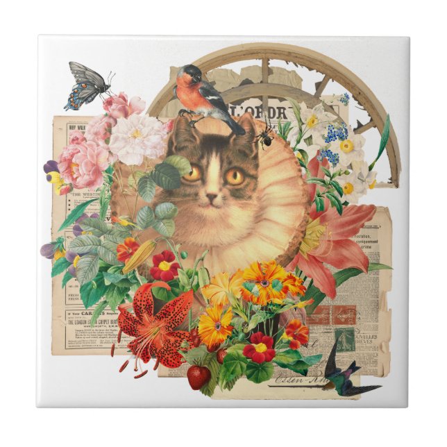 Royal Cat with Friend Bird and Wildflowers Tile (Front)