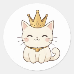 Royal Cat with Golden Crown Kawaii Design Classic Round Sticker