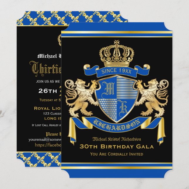 Royal Coat of Arms Blue Gold Lion Emblem Birthday Invitation (Front/Back)
