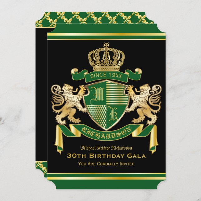 Royal Coat of Arms Green Gold Lion Emblem Birthday Invitation (Front/Back)