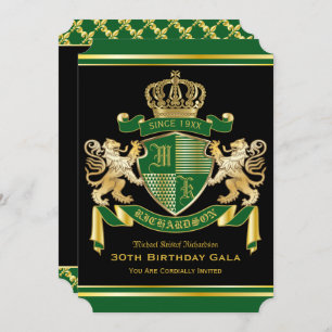Royal Coat of Arms Green Gold Lion Emblem Birthday Invitation