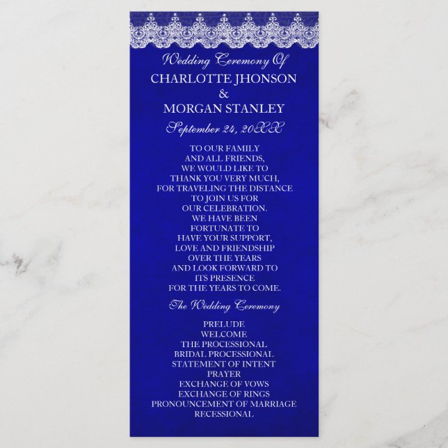 Royal Cobalt Blue White Lace Wedding Program Programme (Front)