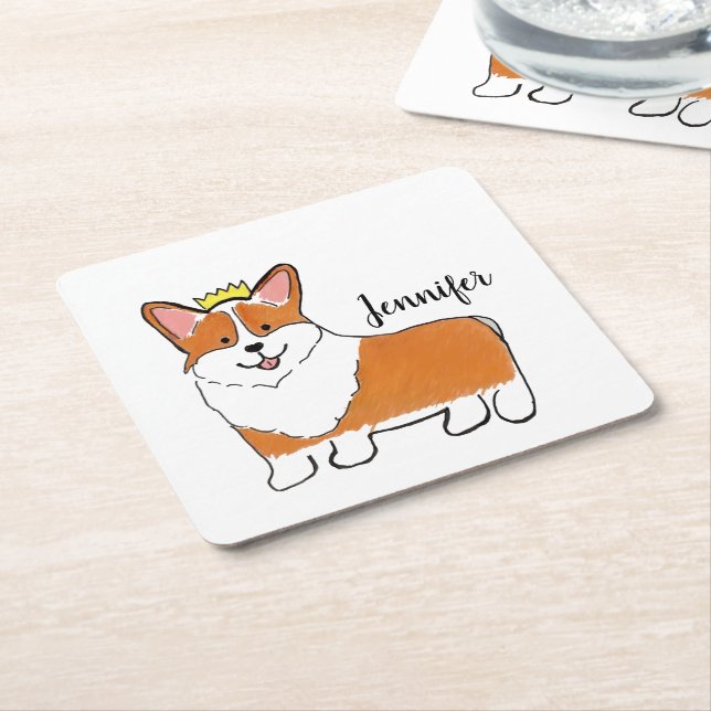 Royal corgi dog personalised square paper coaster (Angled)