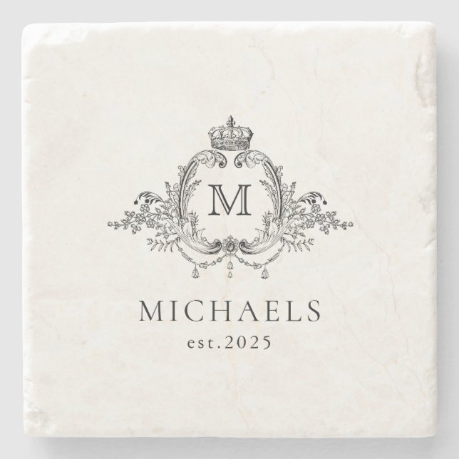 Royal Crest Elegant Wreath Monogram Stone Coaster (Front)